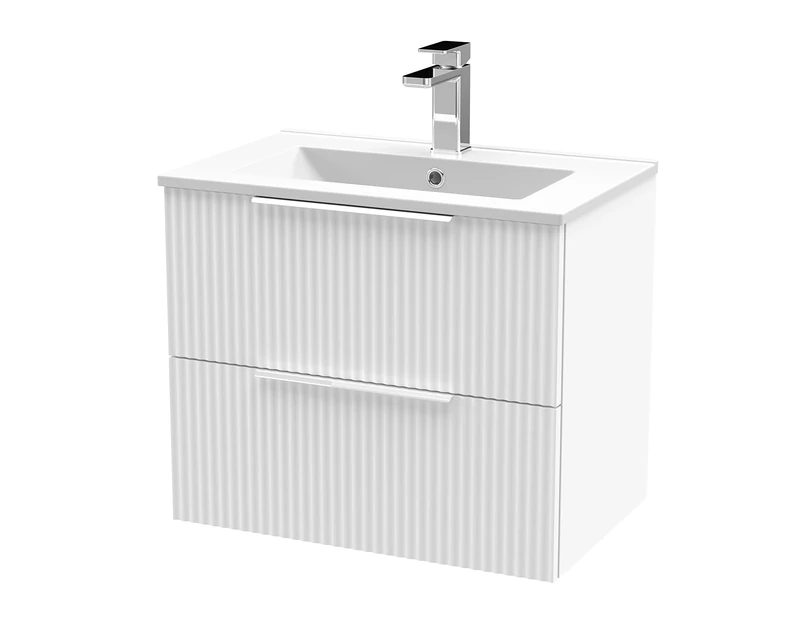 Hudson Reed DFF193B Fluted Modern Bathroom Wall Hung 2 Drawer Vanity Unit with Minimalist Ceramic Basin, Satin White