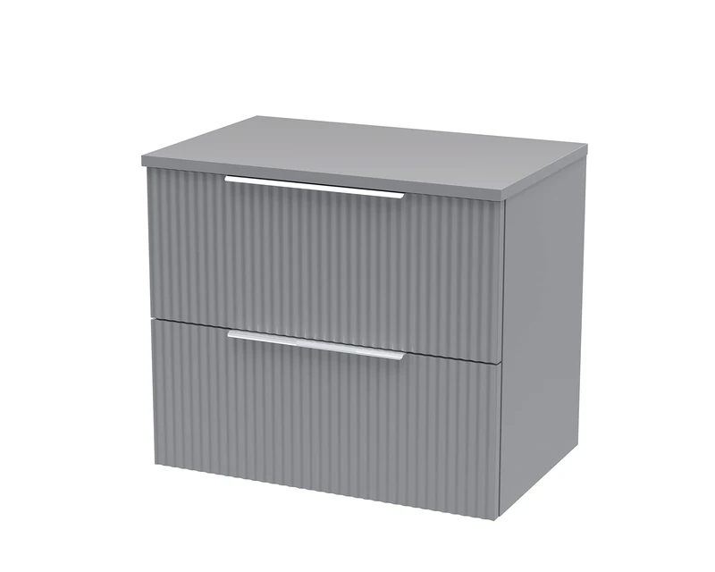 Hudson Reed DFF293W Fluted Modern Bathroom Wall Hung 2 Drawer Vanity Unit with Colour Match Worktop, 600mm, Satin Grey