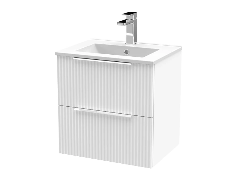 Hudson Reed DFF192B Fluted Modern Bathroom Wall Hung 2 Drawer Vanity Basin Unit with Minimalist Ceramic Basin, 500mm, Satin White