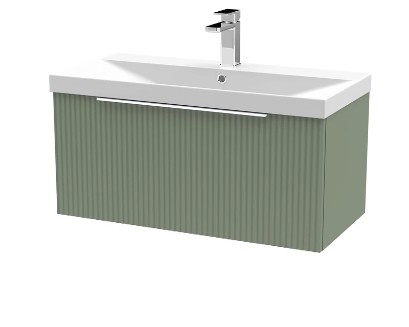 Hudson Reed DFF896D Fluted Modern Bathroom Wall Hung 1 Drawer Vanity Basin Unit with Thin-Edge Ceramic Basin, 800mm, Satin Green