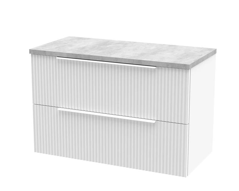 Hudson Reed DFF195LBG Fluted Modern Bathroom Wall Hung 2 Drawer Vanity Unit with Bellato Grey Laminate Worktop, 800mm, Satin White