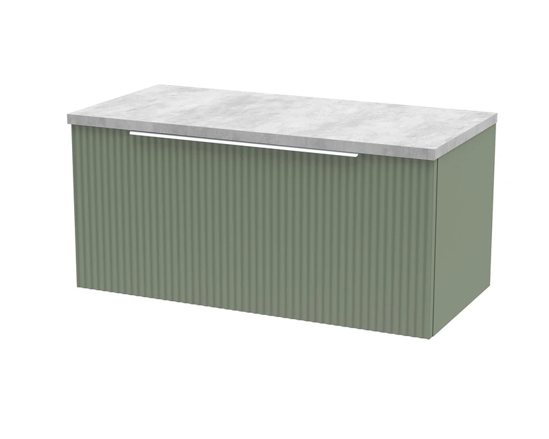 Hudson Reed DFF896LBG Fluted Modern Bathroom Wall Hung 1 Drawer Vanity Unit with Bellato Grey Laminate Worktop, 800mm, Satin Green