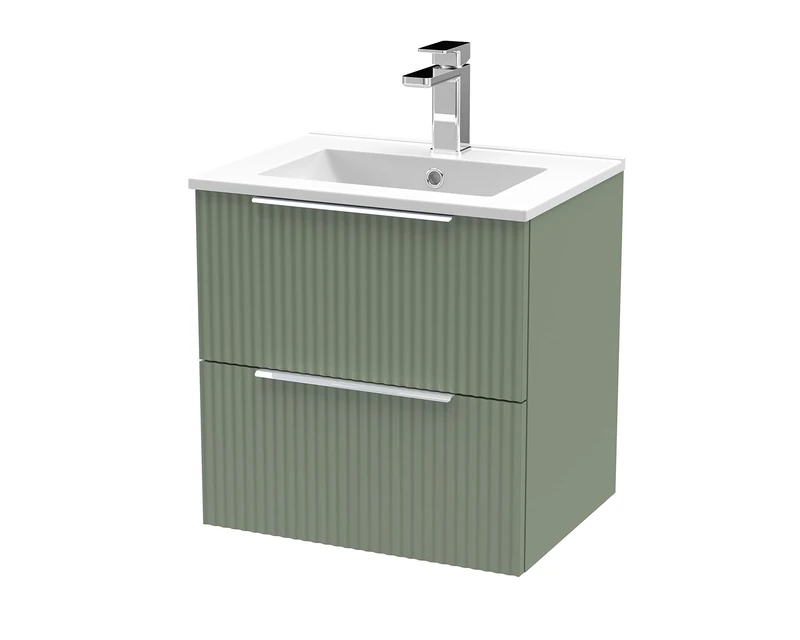 Hudson Reed DFF892B Fluted Modern Bathroom Wall Hung 2 Drawer Vanity Basin Unit with Minimalist Ceramic Basin, 500mm, Satin Green