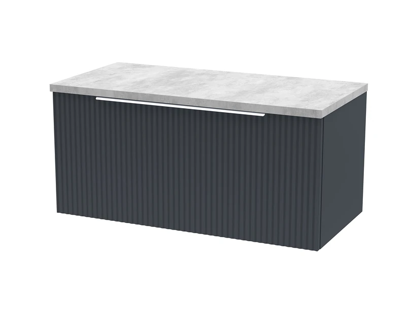 Hudson Reed DFF1496LBG Fluted Modern Bathroom Wall Hung 1 Drawer Vanity Unit with Bellato Grey Laminate Worktop, 800mm, Soft Black