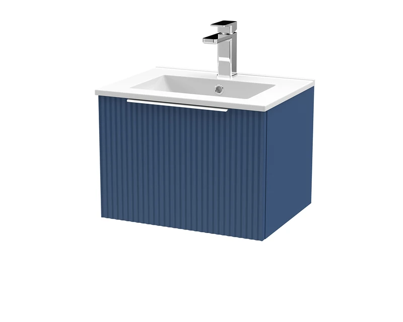 Hudson Reed DFF391B Fluted Modern Bathroom Wall Hung 1 Drawer Vanity Basin Unit with Minimalist Ceramic Basin, 500mm, Satin Blue