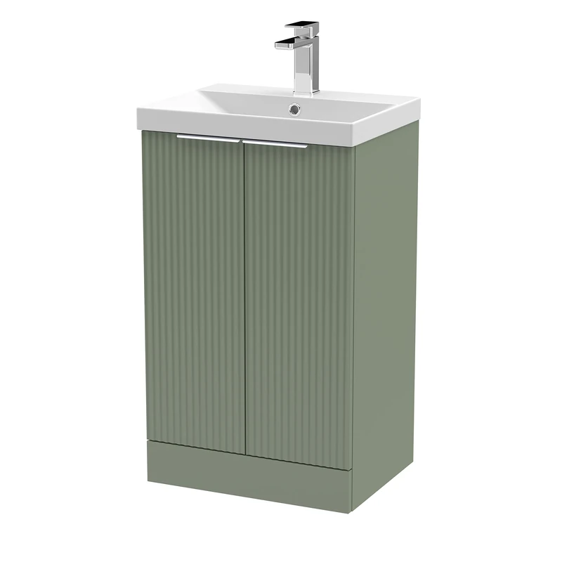 Hudson Reed DFF823D Fluted Modern Bathroom Floor Standing 2 Door Vanity Basin Unit with Thin-Edge Ceramic Basin, 500mm, Satin Green