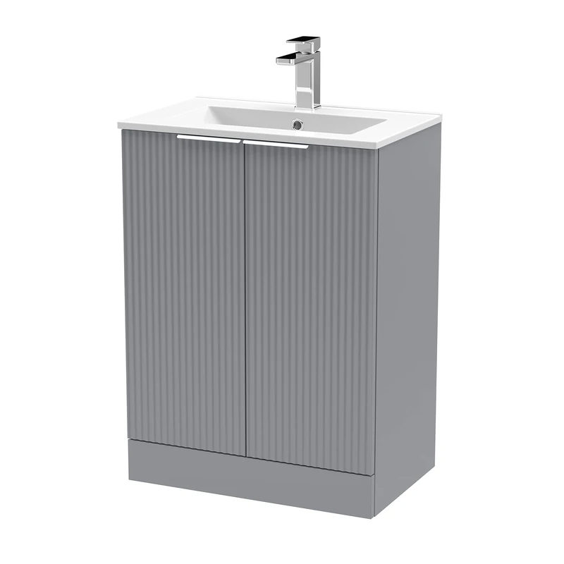 Hudson Reed DFF225B Fluted Modern Bathroom Floor Standing 2 Door Vanity Basin Unit with Minimalist Ceramic Basin, 600mm, Satin Grey
