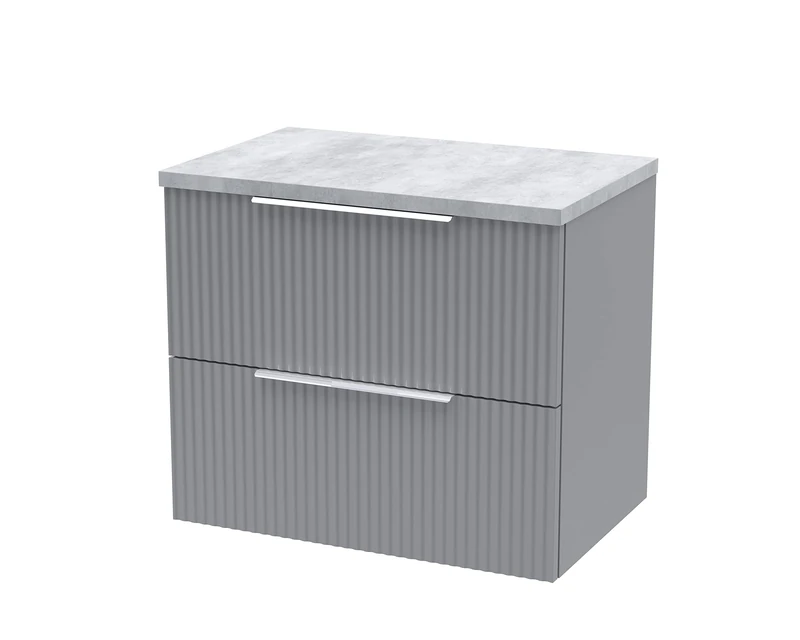 Hudson Reed DFF293LBG Fluted Modern Bathroom Wall Hung 2 Drawer Vanity Unit with Bellato Grey Laminate Worktop, 600mm, Satin Grey