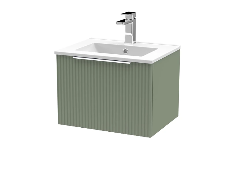 Hudson Reed DFF891B Fluted Modern Bathroom Wall Hung 1 Drawer Vanity Basin Unit with Minimalist Ceramic Basin, 500mm, Satin Green