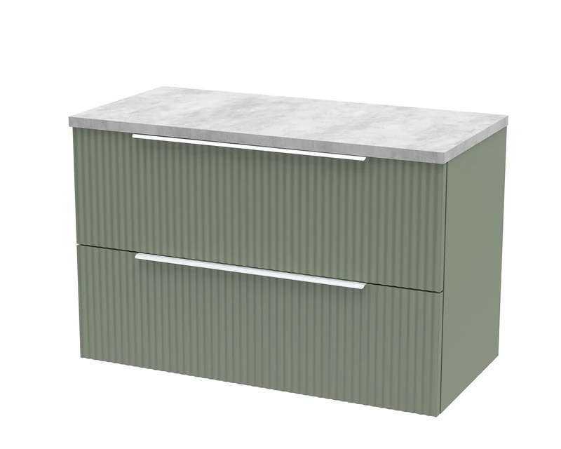 Hudson Reed DFF895LBG Fluted Modern Bathroom Wall Hung 2 Drawer Vanity Unit with Bellato Grey Laminate Worktop, 800mm, Satin Green - Image 1