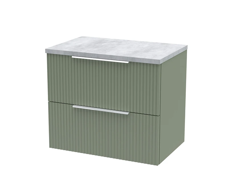 Hudson Reed DFF893LBG Fluted Modern Bathroom Wall Hung 2 Drawer Vanity Unit with Bellato Grey Laminate Worktop, 600mm, Satin Green