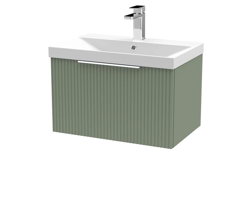 Hudson Reed DFF894D Fluted Modern Bathroom Wall Hung 1 Drawer Vanity Basin Unit with Thin-Edge Ceramic Basin, 600mm, Satin Green