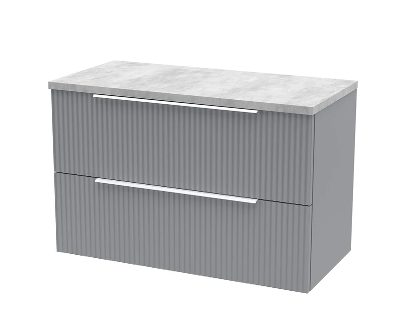 Hudson Reed DFF295LBG Fluted Modern Bathroom Wall Hung 2 Drawer Vanity Unit with Bellato Grey Laminate Worktop, 800mm, Satin Grey