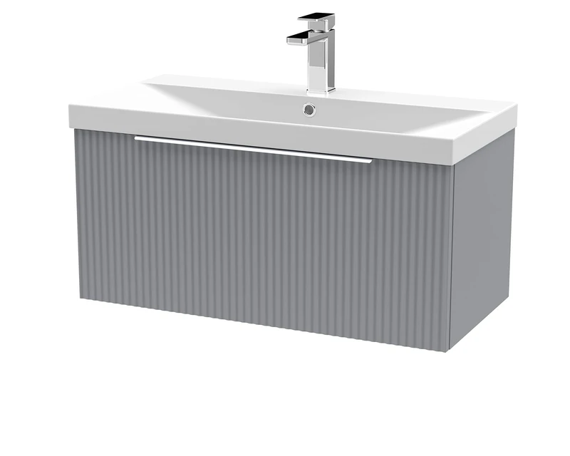 Hudson Reed DFF296D Fluted Modern Bathroom Wall Hung 1 Drawer Vanity Basin Unit with Thin-Edge Ceramic Basin, 800mm, Satin Grey