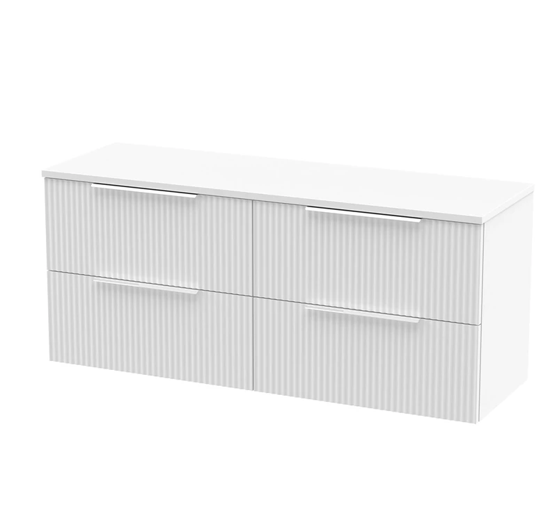 Hudson Reed DFF193W2 Fluted Modern Bathroom Wall Hung 4 Drawer Double Vanity Unit with Colour Matched Worktop, 1200mm, Satin White