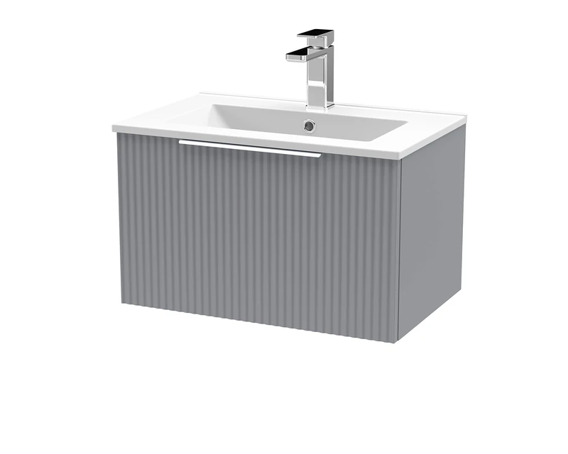 Hudson Reed DFF294B Fluted Modern Bathroom Wall Hung 1 Drawer Vanity Basin Unit with Minimalist Ceramic Basin, 600mm, Satin Grey