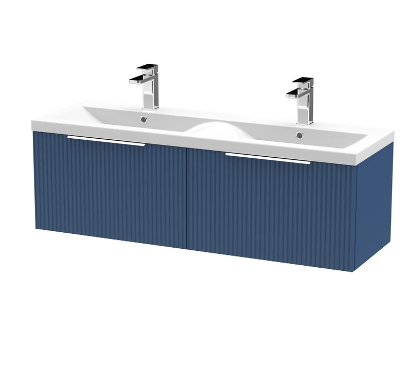 Hudson Reed DFF394F Fluted Modern Bathroom Wall Hung 2 Drawer Double Vanity Basin Unit with Twin Ceramic Basin, 1200mm, Satin Blue