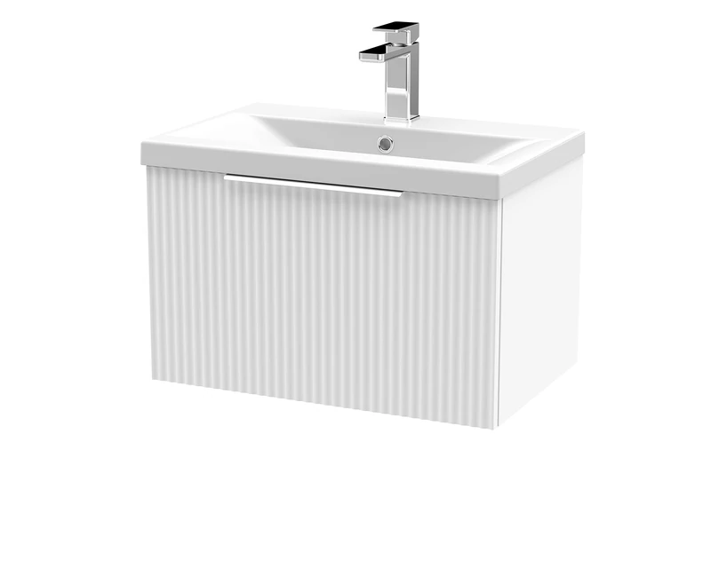 Hudson Reed DFF194A Fluted Modern Bathroom Wall Hung 1 Drawer Vanity Basin Unit with Mid-Edge Ceramic Basin, 600mm, Satin White
