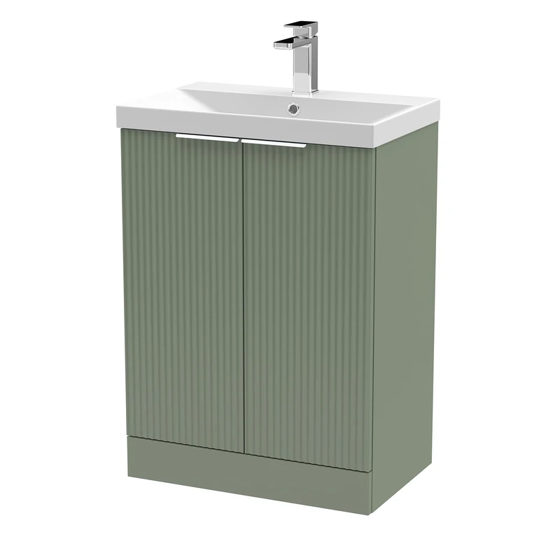 Hudson Reed DFF825D Fluted Modern Bathroom Floor Standing 2 Door Vanity Basin Unit with Thin-Edge Ceramic Basin, 600mm, Satin Green