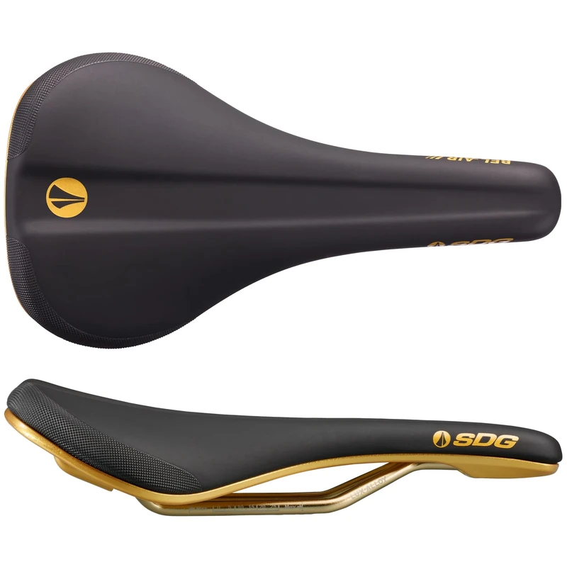SDG Bel-Air V3 Galaxic Bike Saddle – Black Microfibre/Gold Base | MTB, Trail & Gravel Comfort Saddle with Cut-Out & Lux-Alloy Rails