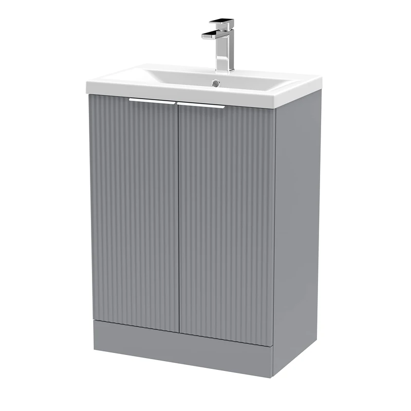 Hudson Reed DFF225A Fluted Modern Bathroom Floor Standing 2 Door Vanity Basin Unit with Mid-Edge Ceramic Basin, 600mm, Satin Grey - Image 1