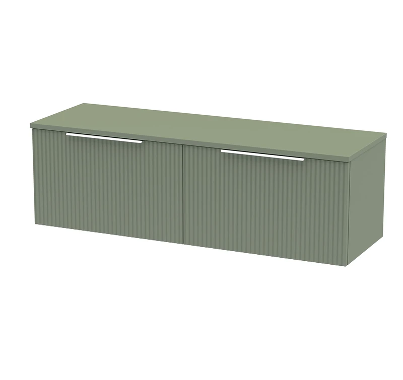 Hudson Reed DFF894W2 Fluted Modern Bathroom Wall Hung 2 Drawer Double Vanity Unit with Colour Matched Worktop, 1200mm, Satin Green