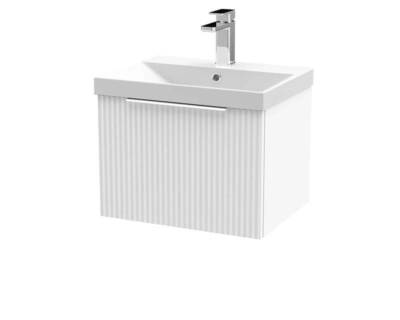 Hudson Reed DFF191D Fluted Modern Bathroom Wall Hung 1 Drawer Vanity Basin Unit with Thin-Edge Ceramic Basin, 500mm, Satin White