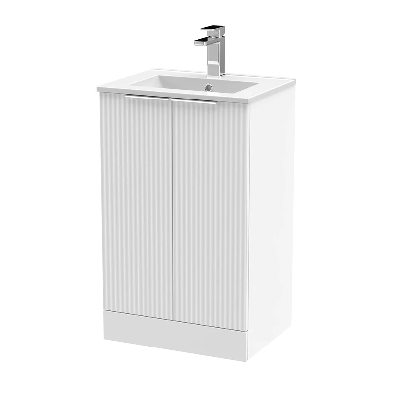 Hudson Reed DFF123B Fluted Modern Bathroom Floor Standing 2 Door Vanity Basin Unit with Minimalist Ceramic Basin, 500mm, Satin White
