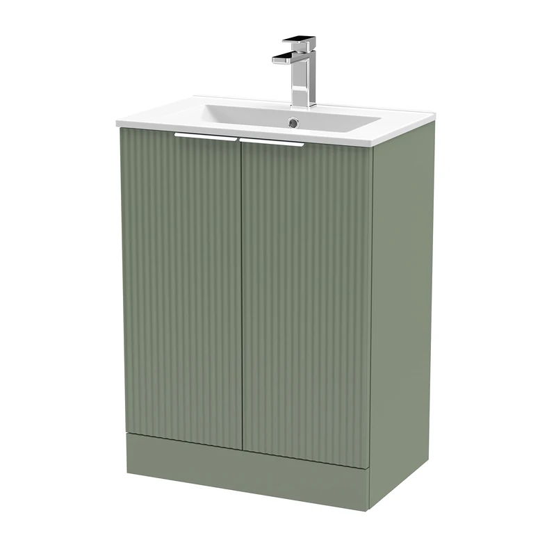 Hudson Reed DFF825B Fluted Modern Bathroom Floor Standing 2 Door Vanity Basin Unit with Minimalist Ceramic Basin, 600mm, Satin Green
