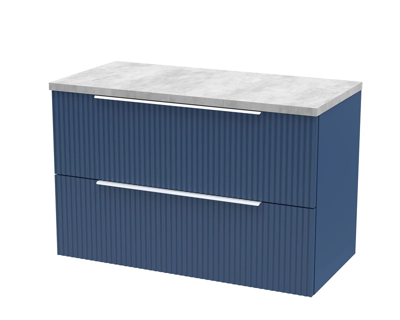Hudson Reed DFF395LBG Fluted Modern Bathroom Wall Hung 2 Drawer Vanity Unit with Bellato Grey Laminate Worktop, 800mm, Satin Blue