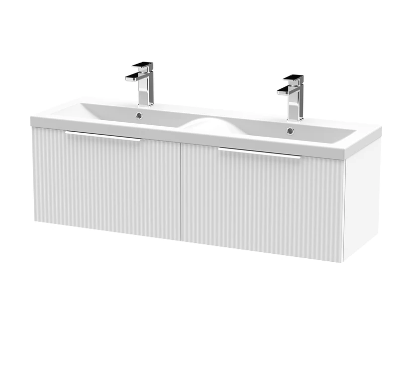 Hudson Reed DFF194F Fluted Modern Bathroom Wall Hung 2 Drawer Double Vanity Basin Unit with Twin Ceramic Basin, 1200mm, Satin White - Image 1