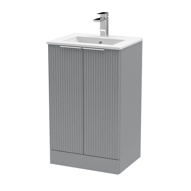 Hudson Reed DFF223B Fluted Modern Bathroom Floor Standing 2 Door Vanity Basin Unit with Minimalist Ceramic Basin, 500mm, Satin Grey