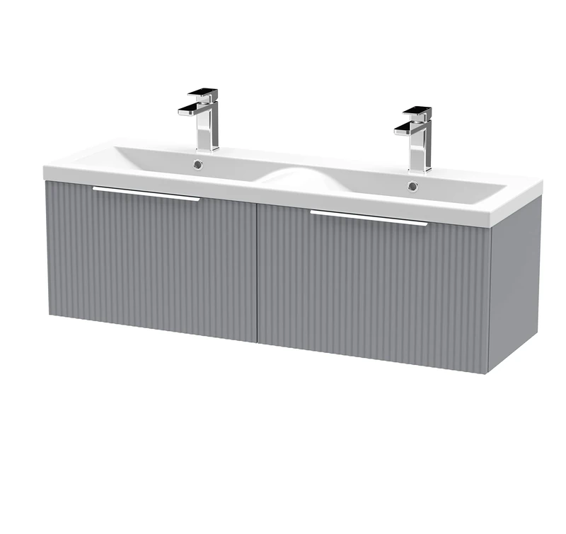 Hudson Reed DFF294F Fluted Modern Bathroom Wall Hung 2 Drawer Double Vanity Basin Unit with Twin Ceramic Basin, 1200mm, Satin Grey