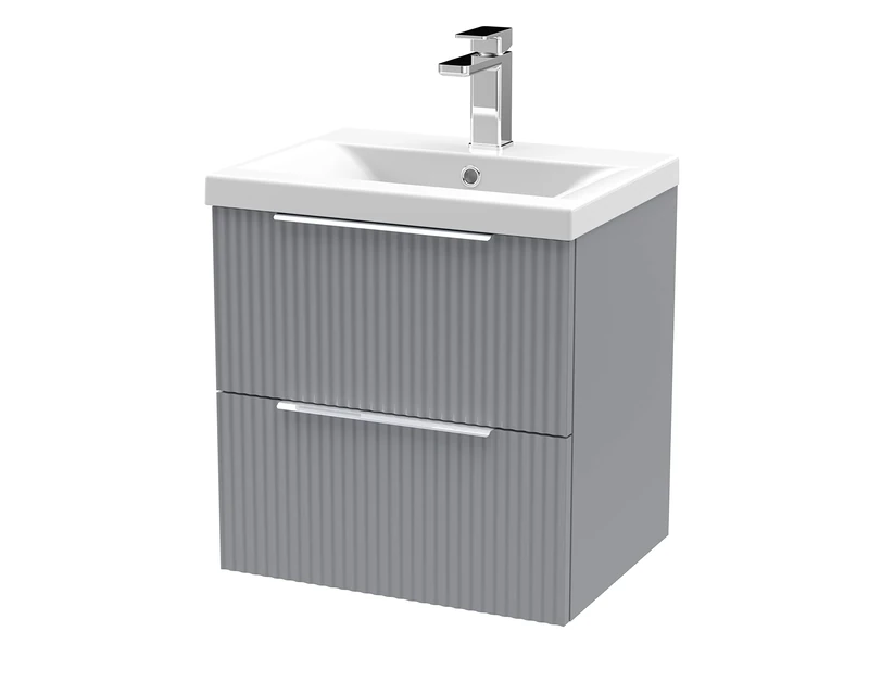 Hudson Reed DFF292A Fluted Modern Bathroom Wall Hung 2 Drawer Vanity Basin Unit with Mid-Edge Ceramic Basin, 500mm, Satin Grey