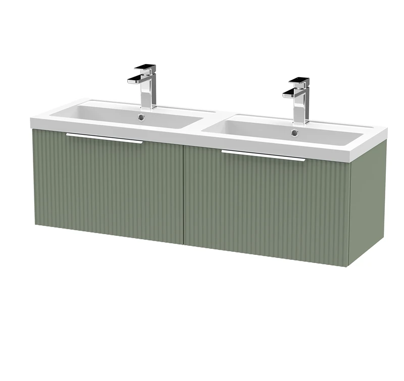 Hudson Reed DFF894C Fluted Modern Bathroom Wall Hung 2 Drawer Double Vanity Basin Unit with Twin Polymarble Basin, 1200mm, Satin Green