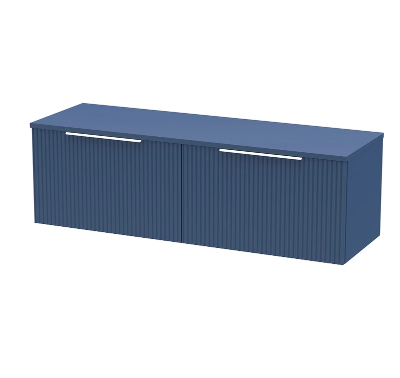 Hudson Reed DFF394W2 Fluted Modern Bathroom Wall Hung 2 Drawer Double Vanity Unit with Colour Matched Worktop, 1200mm, Satin Blue