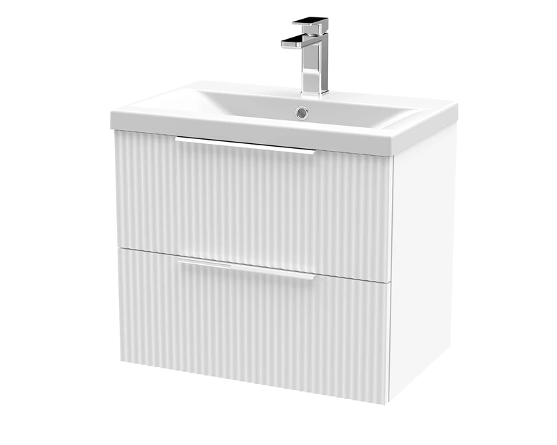 Hudson Reed DFF193A Fluted Modern Bathroom Wall Hung 2 Drawer Vanity Basin Unit with Mid-Edge Ceramic Basin, 600mm, Satin White