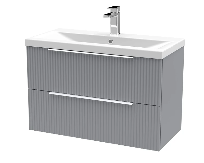 Hudson Reed DFF295A Fluted Modern Bathroom Wall Hung 2 Drawer Vanity Basin Unit with Mid-Edge Ceramic Basin, 800mm, Satin Grey