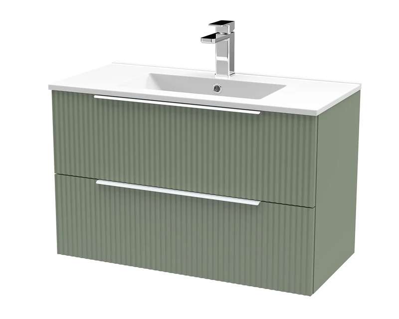 Hudson Reed DFF895B Fluted Modern Bathroom Wall Hung 2 Drawer Vanity Basin Unit with Minimalist Ceramic Basin, 800mm, Satin Green