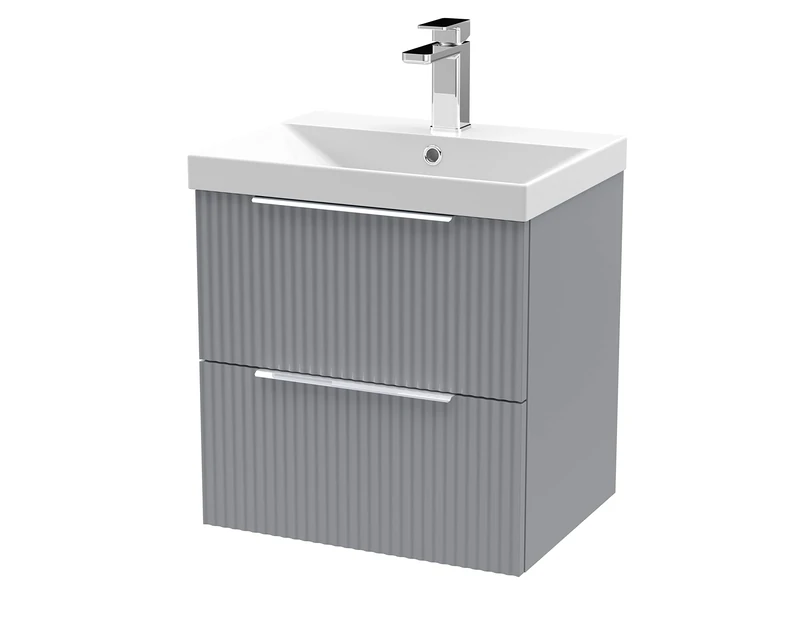 Hudson Reed DFF292D Fluted Modern Bathroom Wall Hung 2 Drawer Vanity Basin Unit with Thin-Edge Ceramic Basin, 500mm, Satin Grey