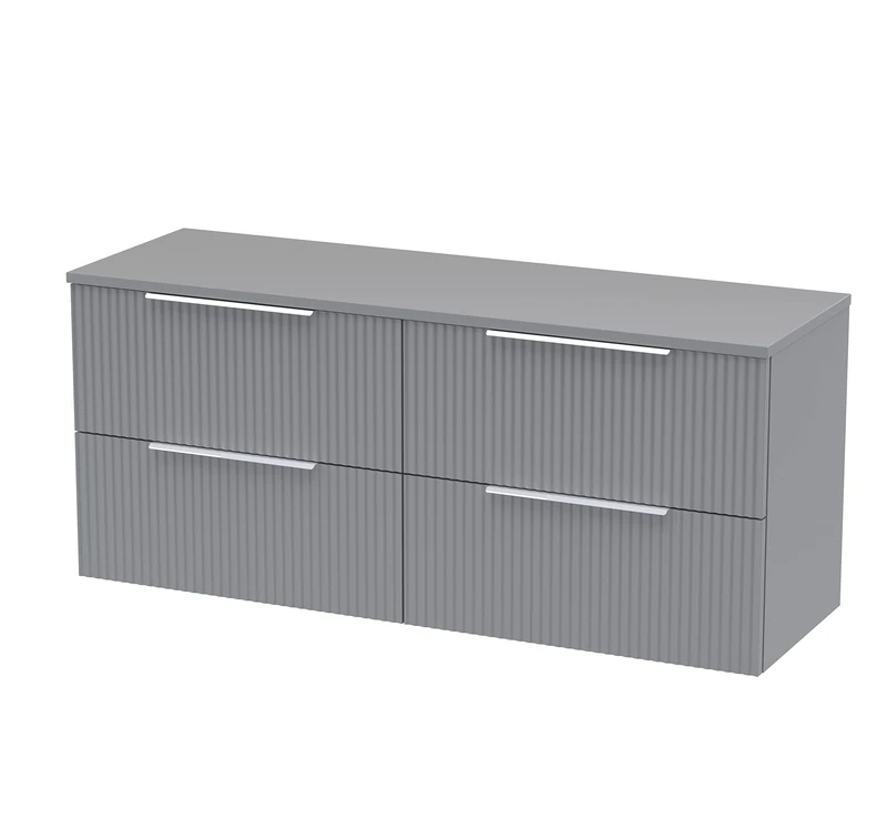 Hudson Reed DFF293W2 Fluted Modern Bathroom Wall Hung 4 Drawer Double Vanity Unit with Colour Matched Worktop, 1200mm, Satin Grey