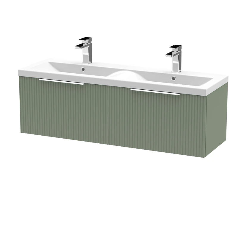 Hudson Reed DFF894F Fluted Modern Bathroom Wall Hung 2 Drawer Double Vanity Basin Unit with Twin Ceramic Basin, 1200mm, Satin Green
