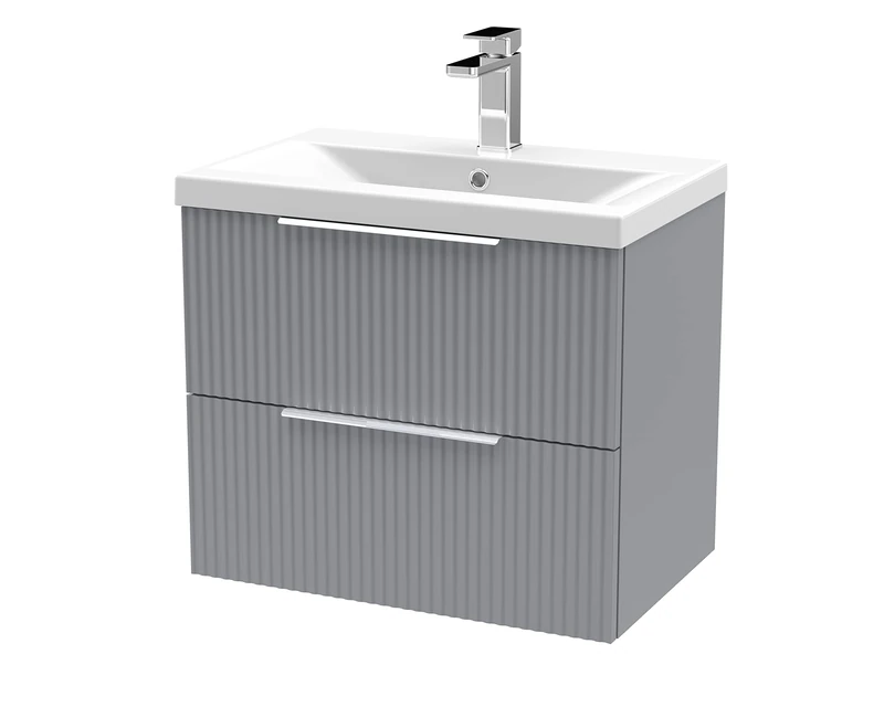 Hudson Reed DFF293A Fluted Modern Bathroom Wall Hung 2 Drawer Vanity Basin Unit with Mid-Edge Ceramic Basin, 600mm, Satin Grey