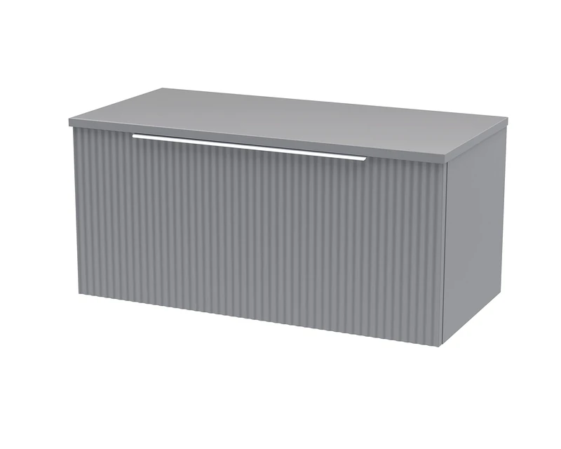 Hudson Reed DFF296W Fluted Modern Bathroom Wall Hung 1 Drawer Vanity Unit with Colour Match Worktop, 800mm, Satin Grey