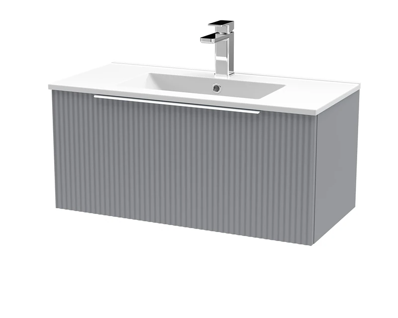 Hudson Reed DFF296B Fluted Modern Bathroom Wall Hung 1 Drawer Vanity Basin Unit with Minimalist Ceramic Basin, 800mm, Satin Grey