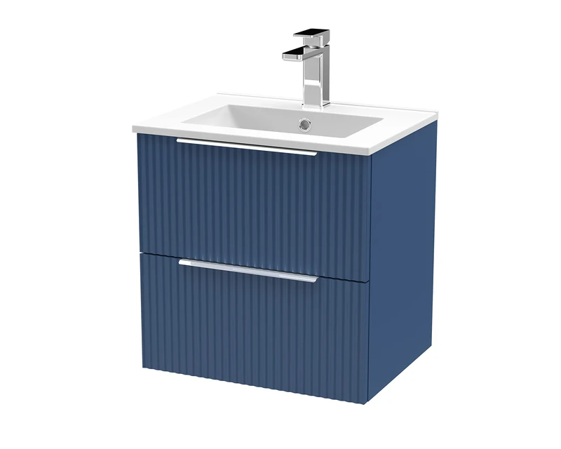 Hudson Reed DFF392B Fluted Modern Bathroom Wall Hung 2 Drawer Vanity Basin Unit with Minimalist Ceramic Basin, 500mm, Satin Blue