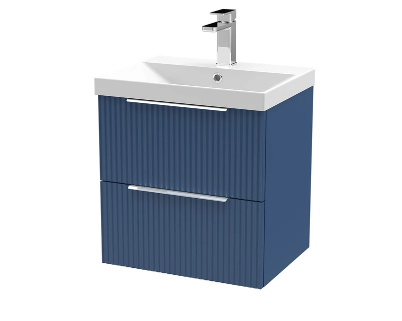 Hudson Reed DFF392D Fluted Modern Bathroom Wall Hung 2 Drawer Vanity Basin Unit with Thin-Edge Ceramic Basin, 500mm, Satin Blue