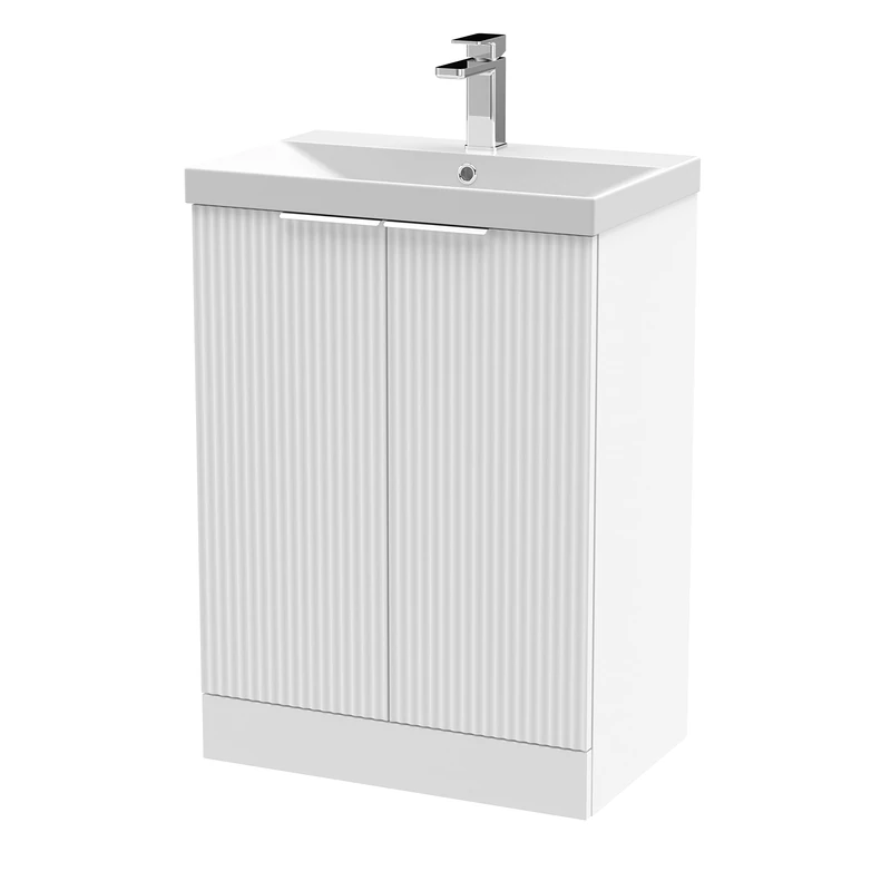 Hudson Reed DFF125D Fluted Modern Bathroom Floor Standing 2 Door Vanity Basin Unit with Thin-Edge Ceramic Basin, 600mm, Satin White