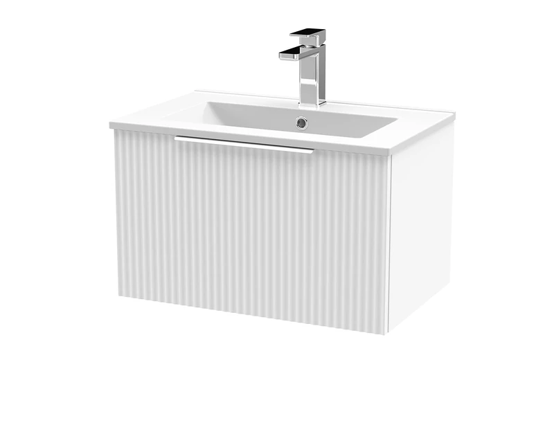 Hudson Reed DFF194B Fluted Modern Bathroom Wall Hung 1 Drawer Vanity Basin Unit with Minimalist Ceramic Basin, 600mm, Satin White