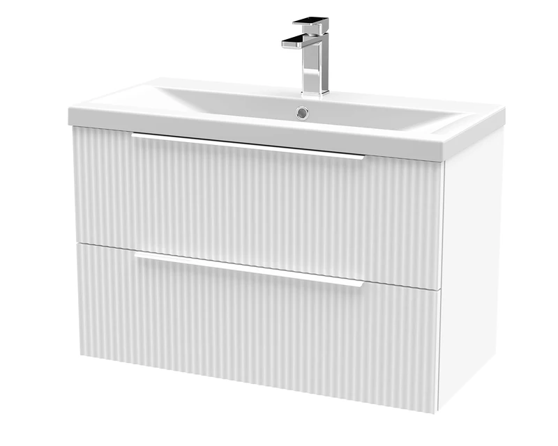 Hudson Reed DFF195A Fluted Modern Bathroom Wall Hung 2 Drawer Vanity Basin Unit with Mid-Edge Ceramic Basin, 800mm, Satin White